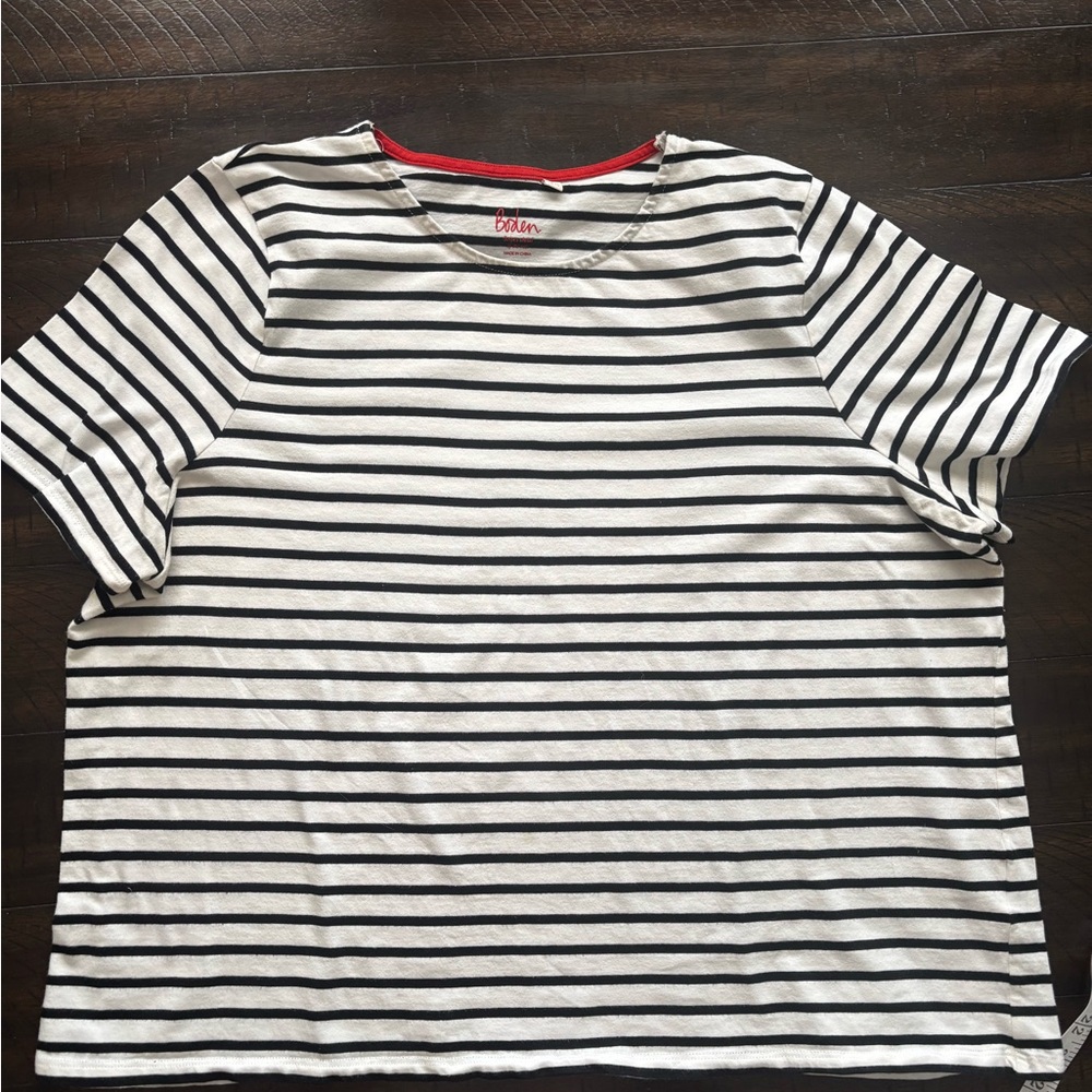 Boden Black and White Striped Top with Red Trim